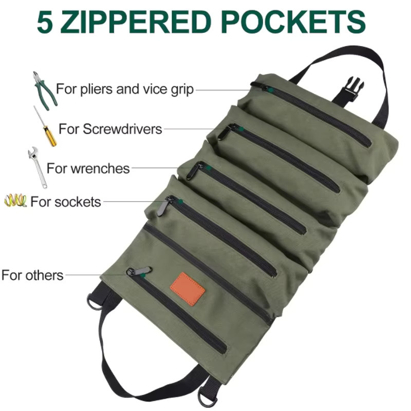 Mehrzweck Roll-Up Werkzeugtasche aus Segeltuch in Schwarz und Grün als Werkzeug-Organizer und Aufbewahrung für Schraubenschlüssel oder Erste-Hilfe-Sets - Bild 3