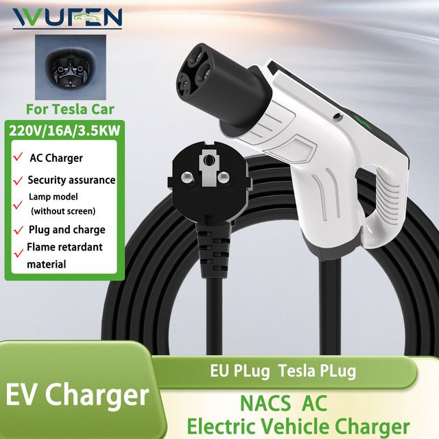 WUFEN Tragbares Elektrofahrzeug-Ladegerät 3,5KW 16A mit 1M-5M Kabel, EU-Stecker und NACS-Ladung für Tesla Elektroautos, Farbe: Weiß - Bild 1