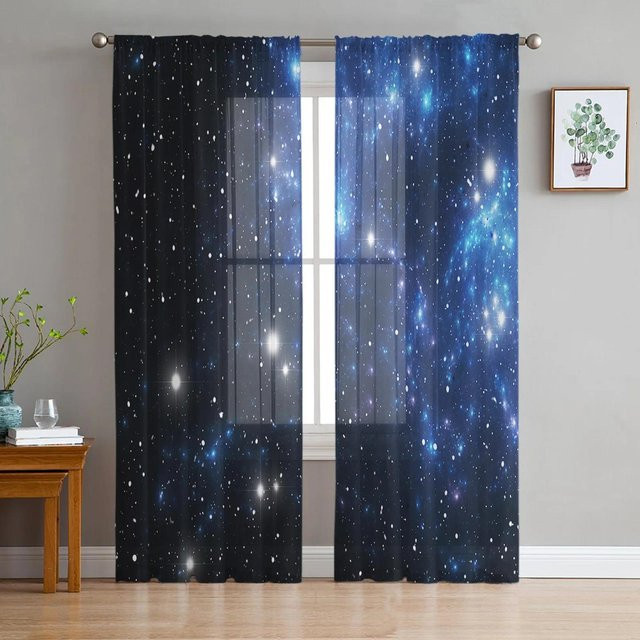Yiran Furniture Transparente Tüllvorhänge mit Sternen-Design in Sternenhimmelblau, Organza-Gardine für Wohnzimmer und Küche, Breite: 135 cm, Höhe: 115 cm - Bild 1