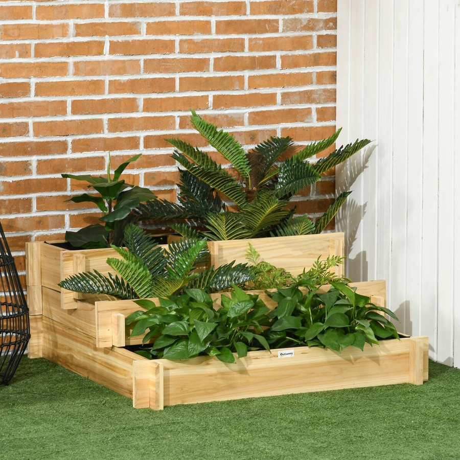 Outsunny 3-stufiges Hochbeet aus Tannenholz in Natur, wetterfestes Stufenbeet mit Stoffauskleidung, B/T/H: 93 x 93 x 35 cm - Bild 4