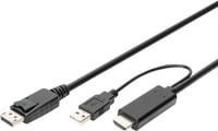 Digitus Adapterkabel DisplayPort Buchse auf HDMI Stecker mit USB-A Anschluss, Schwarz, 2 m - Bild 1