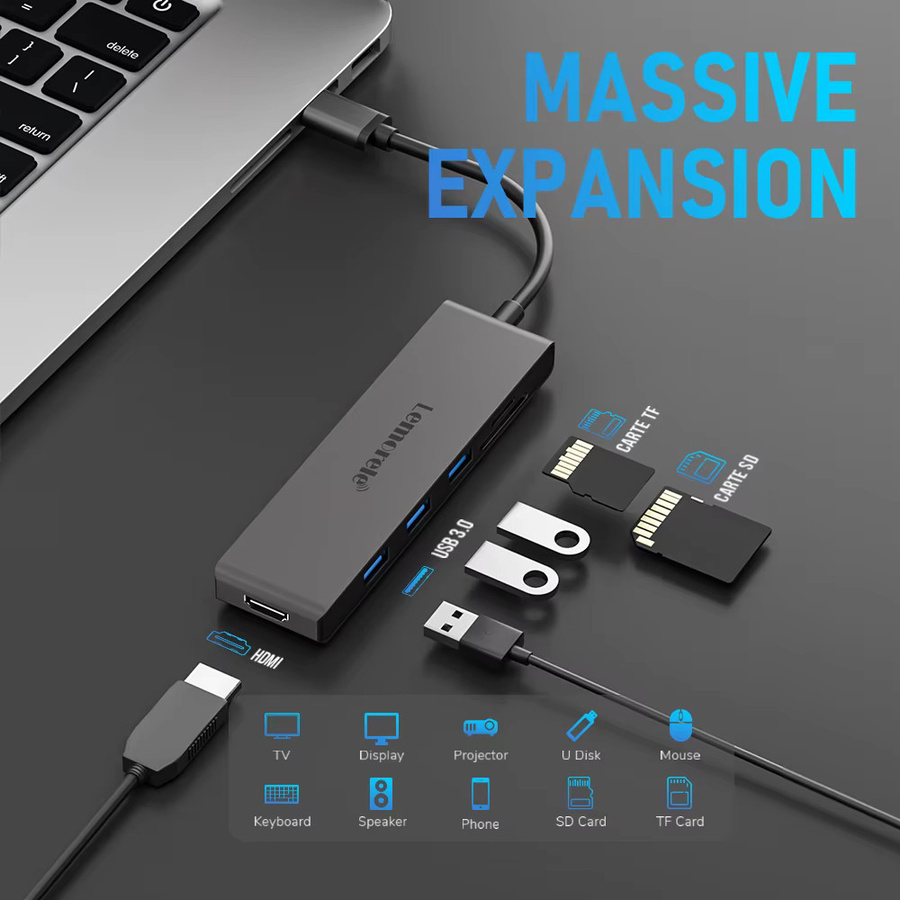 Lemorele 6-in-1 USB C Hub Dockingstation in Grau mit HDMI 4K, USB A 3.0 und TF SD Kartenleser für Laptop und Tablet - Bild 4