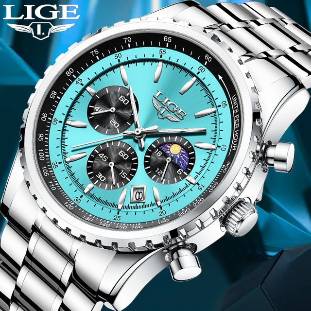 LIGE Chronograph Armbanduhr, Edelstahl, Quarz, Blau, Herren - Bild 1
