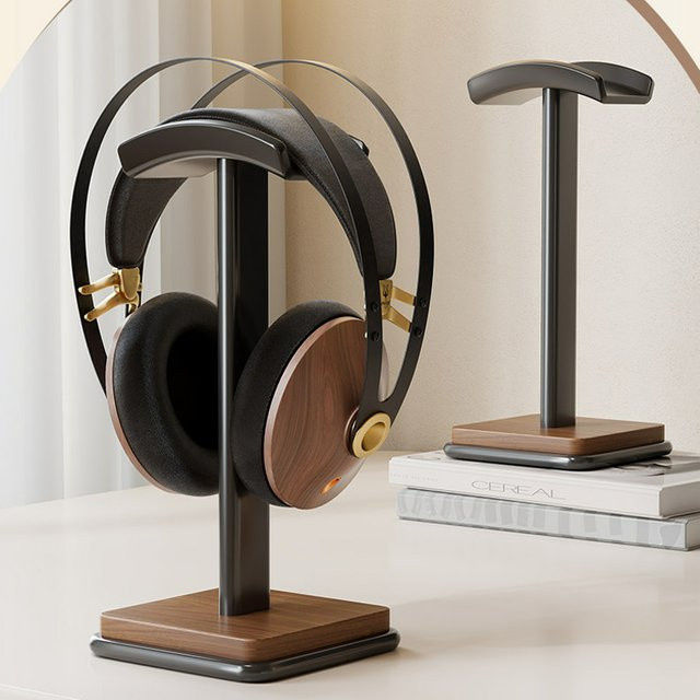 JINSERTA Gebogener Kopfhörerständer aus Massivholz Eiche und Aluminium in Braun für Over-Ear Gaming und Musik Headsets - Bild 1