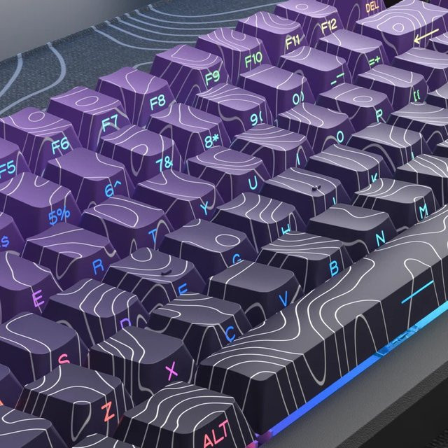 Violette Tastenkappen mit topografischem Seitendruck und Glanzeffekt, Kirschprofil, Double Shot Dye Sub PBT für MX Switches, Farbe: Violett/Weiß - Bild 1
