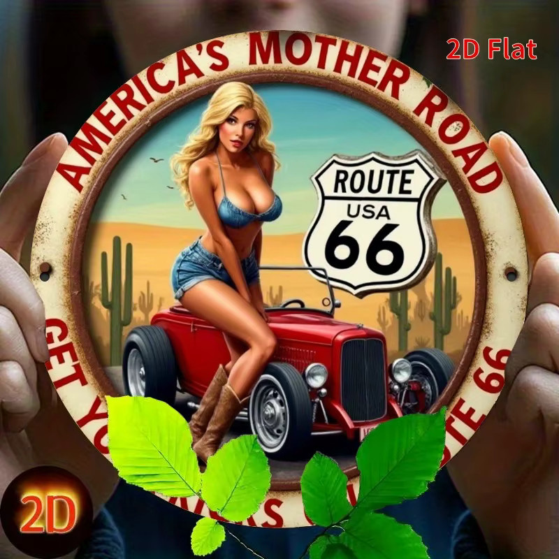 DDPNKL Route 66 Metallschild Retro-Dekoration mit rotem Auto und Pin-Up-Girl in Mehrfarbig, Rund, Durchmesser: 19,7 cm - Bild 5