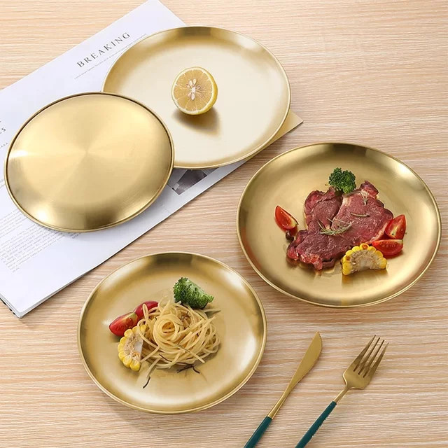AJOYOUS 2er-Set Koreanische Servierteller aus Edelstahl in Gold und Silber, runde flache Platten für Obst, Kuchen und Café-Zubehör - Bild 1