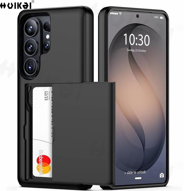 Huikai Schiebe-Kartenhalter-Hülle für Samsung S26 Ultra in Schwarz mit versteckter Tasche für Kreditkarten, robuste stoßfeste Doppelschicht-Schutzhülle - Bild 1
