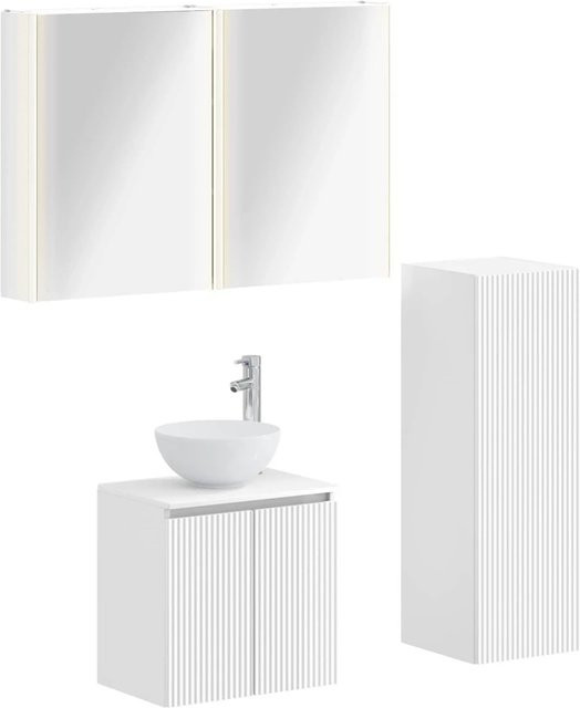 vidaXL Badezimmermöbel-Set 4-teilig in Weiß, bestehend aus Waschtischunterschrank, Wandunterschrank und Spiegelschrank mit LED-Beleuchtung und Glasfronten - Bild 1