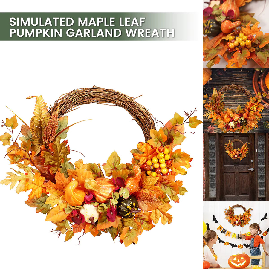 Künstlicher Herbst-Türkranz in Orange mit Kürbis, Beeren, Tannenzapfen und Ahorn aus Rattan und Textil, Durchmesser: 45 cm - Bild 5