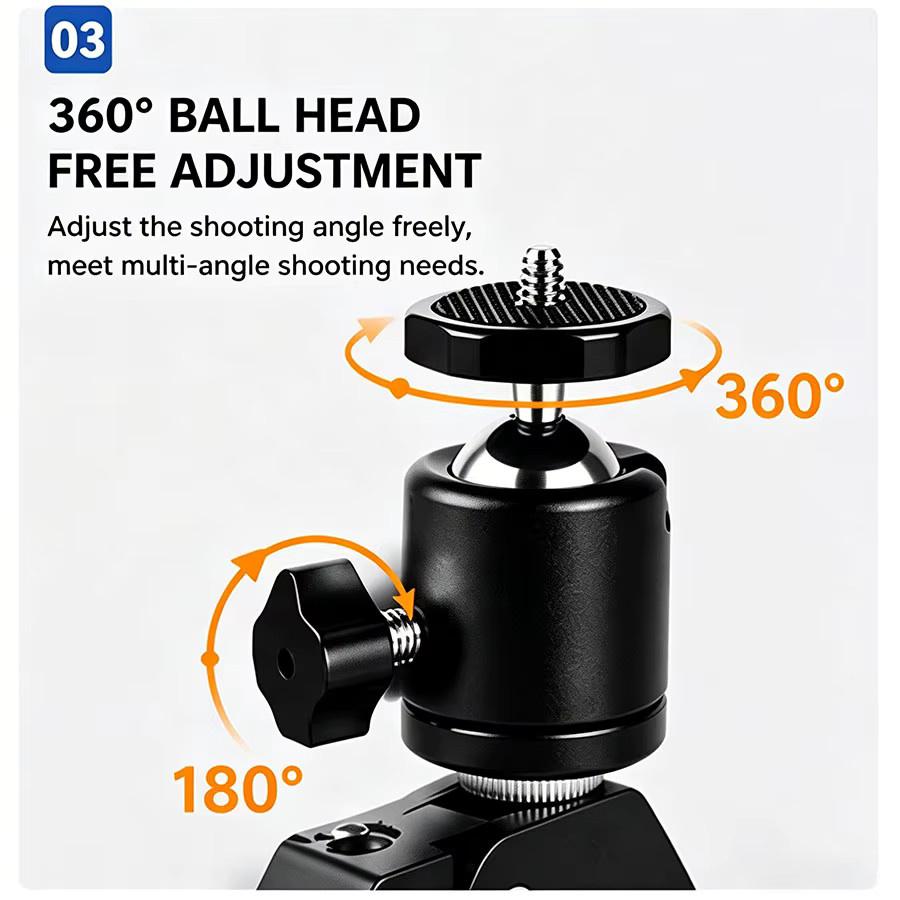 Chrisley 360 Grad Super-Klemme Kamerahalterung mit Mini-Kugelkopf und 1/4-Zoll-Schraube in Schwarz für DSLR und GoPro - Bild 3