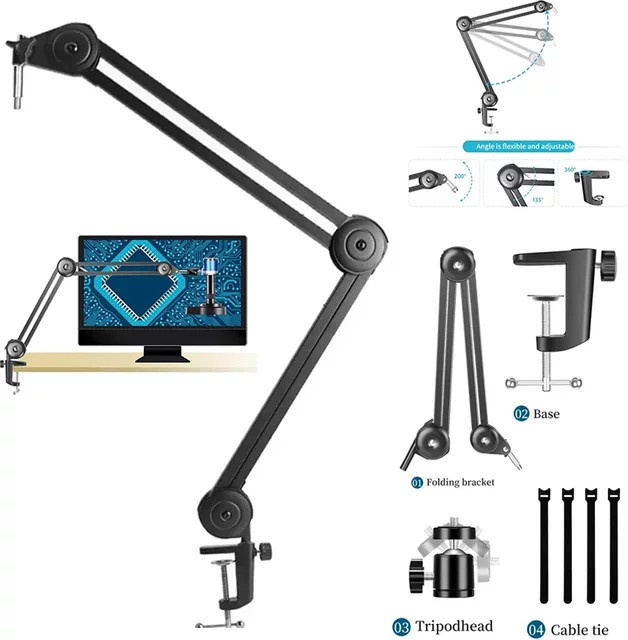 KUAIQU Verstellbare Mikroskop-Armständerhalterung aus Aluminiumlegierung mit Mikrofon-Clip und Scherenarmhalter in Schwarz - Bild 1
