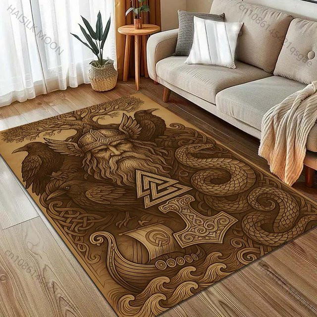 UQIDEHOME Retro Wikinger Teppich in Braun, Maschinenwaschbarer Bereichsteppich für Wohnzimmer und Schlafzimmer, B/T: 100 x 120 cm - Bild 1