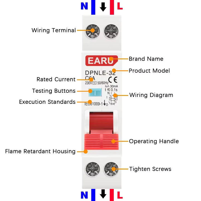 EARU RCBO Fehlerstrom-Differenzschutzschalter 1P+N AC 230V 50/60Hz 6kA mit Überstrom- und Leckageschutz in Weiß - Bild 3