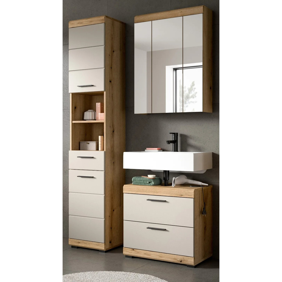 Inn.Furn Badmöbel Set Shawn in Sand und Eiche, 3-teilig bestehend aus Spiegelschrank, Waschbeckenunterschrank und Hochschrank, modernes Design - Bild 2