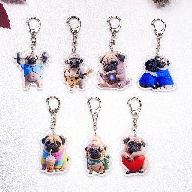 Potdemiel Schlüsselanhänger, 7-teiliges Set, Mops-Motiv, Acryl, Unisex - Bild 1