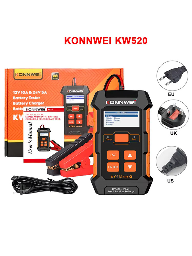 KONNWEI KW520 Automatischer Batterie Tester und Ladegerät für Auto und Lkw in Schwarz, 12V 10A und 24V 5A, für Blei, Acid, AGM, Gel und Lithium mit Puls Reparatur Funktion - Bild 7