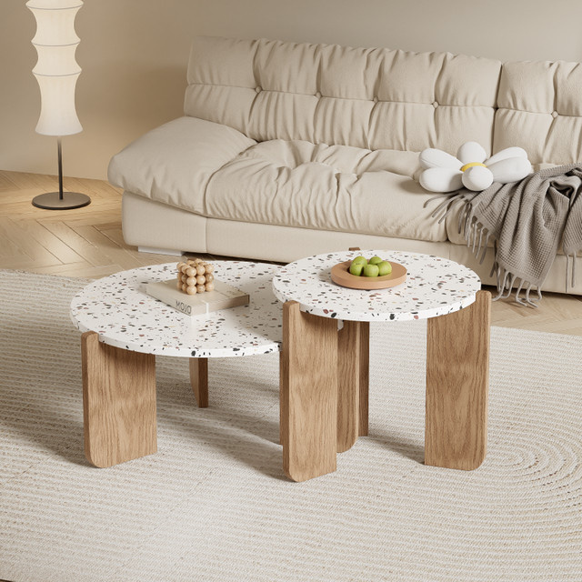 Rbefeuly Couchtisch-Set modern klappbar in Beige, 2er-Set für Wohnzimmer und Balkon - Bild 1