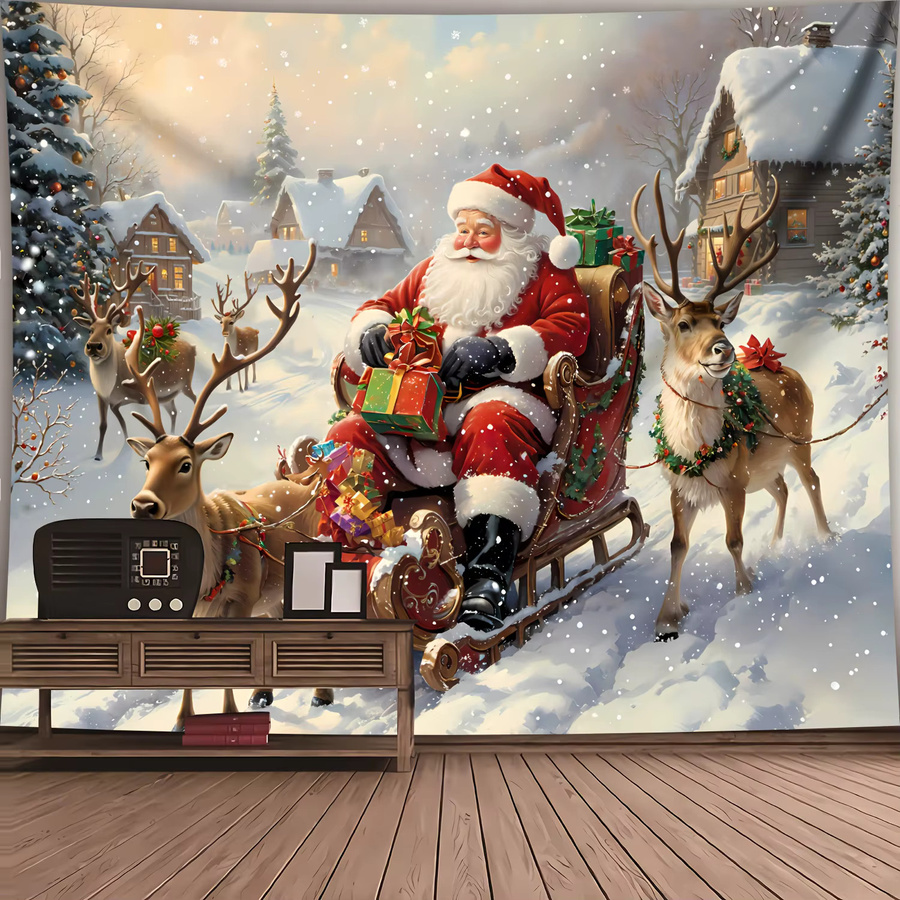 VIKAMA Weihnachts-Wandbehang mit Weihnachtsmann, Schlitten und Rentier, Mehrfarbig, B/H: 75 x 58 cm - Bild 2