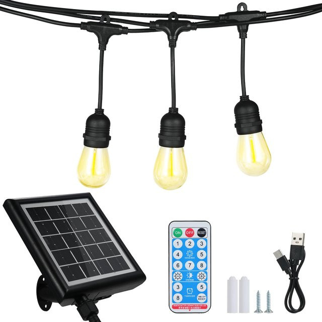 Solarbetriebene LED-Lichterkette von TOMTOP JMS mit 10 warmweißen Globe-Filament-Glühbirnen, wasserdicht für Garten, Terrasse und Veranda, Schwarz - Bild 1
