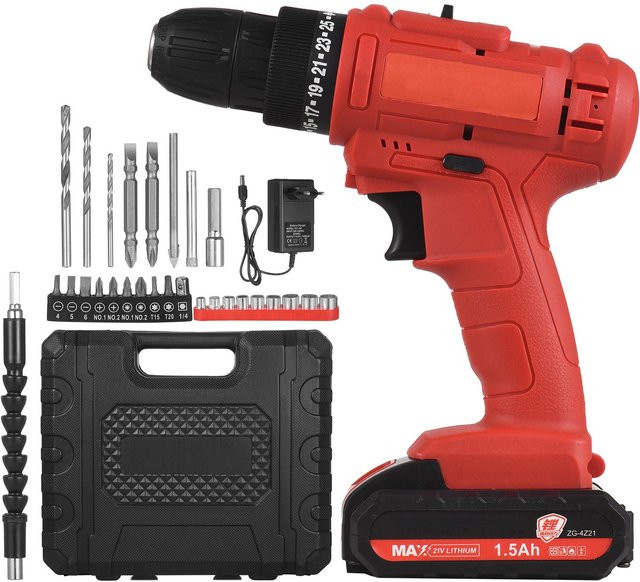 Kkmoon Akku-Bohrschrauber 21 V mit 3/8-Zoll-Bohrfutter, Rot, inklusive 1,5 Ah Akku und Zubehör - Bild 1