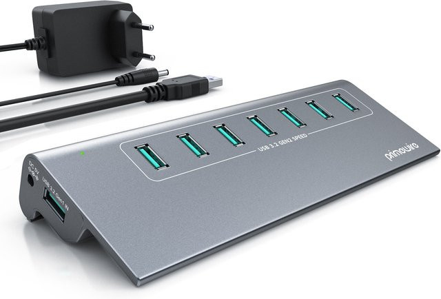 Primewire USB 3.2 Gen2 Hub 7 Port USB-C Verteiler aktiv mit Netzteil 10 Gbit/s Grau - Bild 1
