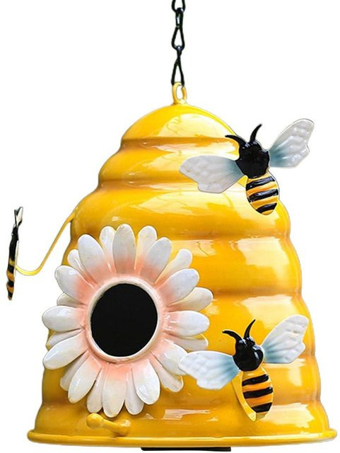 CosyHome Bienenkorb Vogelhaus aus Metall in Gelb für den Garten zum Aufhängen - Bild 1