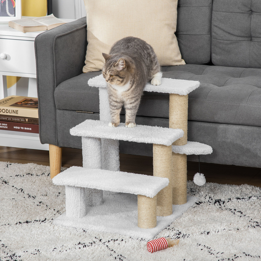 PawHut Haustiertreppe mit Kratzbaum für Katzen und Hunde, 3-stufige Tiertreppe aus Spanplatte und Plüsch mit Jute, Weiß, B/T/H: 45 x 40 x 48 cm - Bild 2