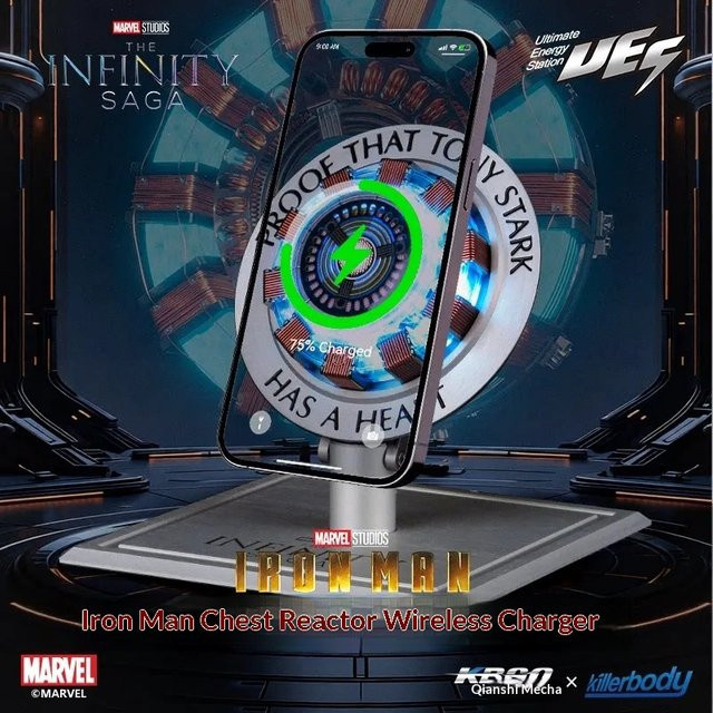 Killerbody Iron Man Chest Arc Reactor Kabelloses Magnetisches Ladegerät mit Legierungs-Basis in Silber als Desktop-Ladestation für Smartphones - Bild 1
