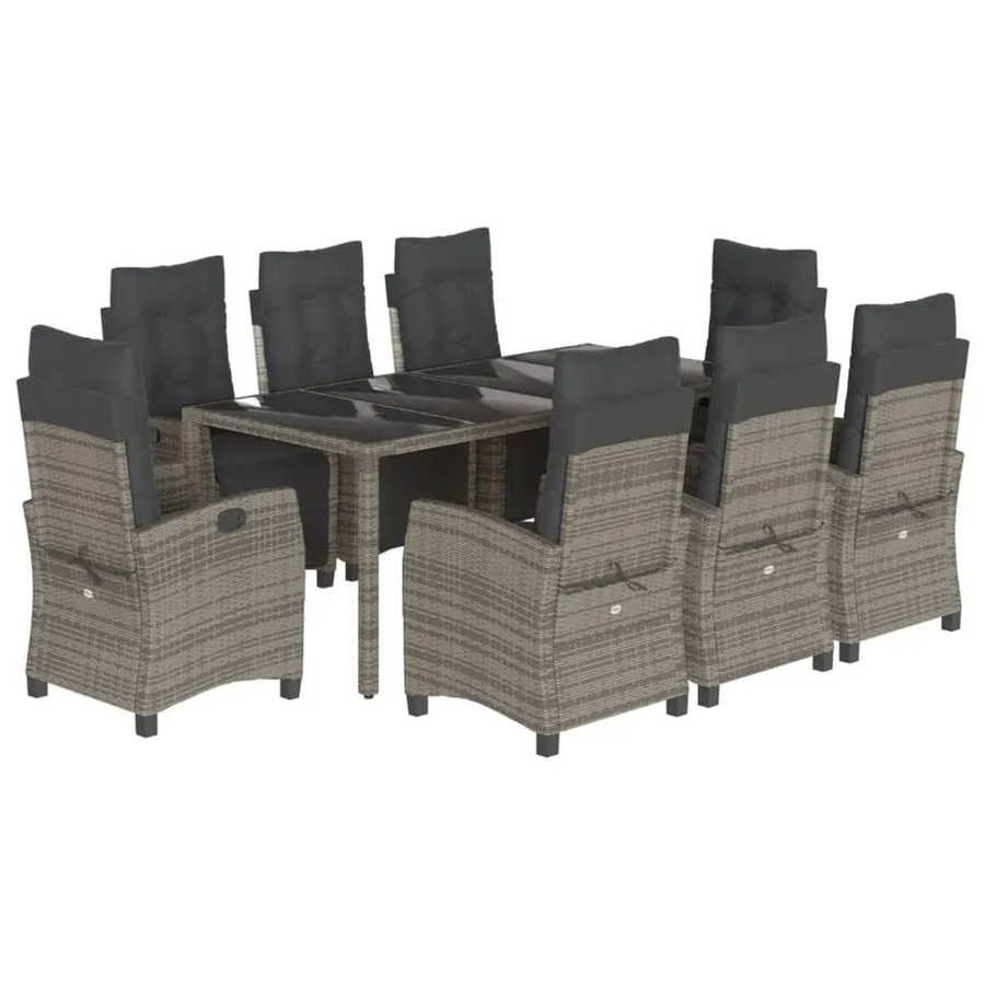 vidaXL 9-teilige Garten-Essgruppe aus Poly-Rattan mit Kissen und Hartglas in Grau - Bild 2