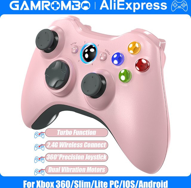 GAMROMBO Kabelloser Game-Controller mit Dual-Vibration für Xbox 360, Slim, Lite, PC, iOS und Android, Bluetooth Gamepad in Schwarz oder Pink - Bild 1