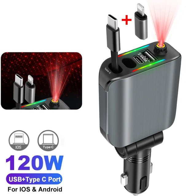 YJMP 180W Auto Schnelllader mit USB Typ-C und einziehbarer Funktion inklusive Dachsternenhimmel in Grau für iOS und Android - Bild 1