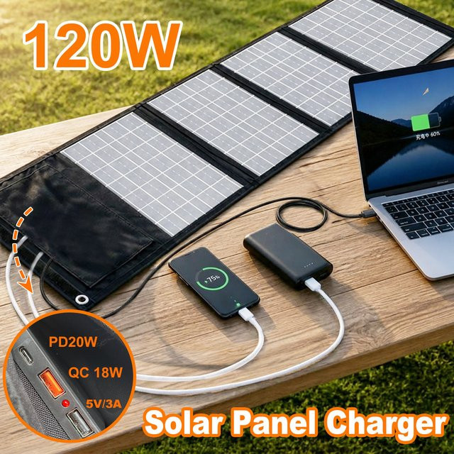 Leaorld 120W Solarpanel-Ladegerät in Schwarz mit USB QC3.0 und PD3.0 Schnellladefunktion für Camping und Outdoor-Reisen - Bild 1