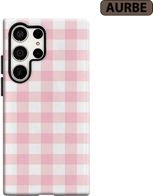 Aurbe Handyhülle für Samsung Galaxy S26 S25 S24 S23 Ultra Plus HD Hartplastik in Rosa und Weiß Gingham Doppelschicht-Folienhülle - Bild 1