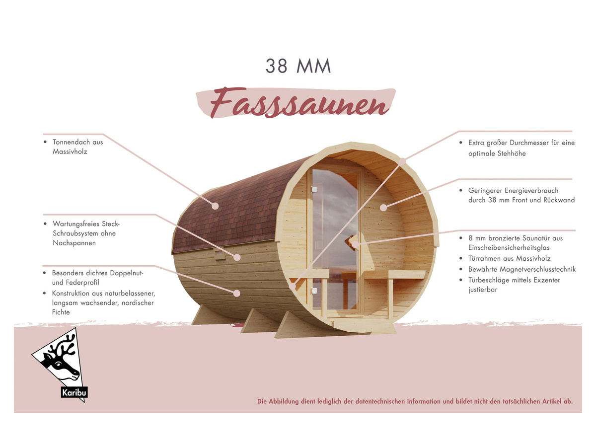 KARIBU Fasssauna Molly mit 9 kW Ofen und externer Steuerung, braun, aus nordischer Fichte mit Edelstahl und Glas, B/T/H: 229 x 175 x 175 cm - Bild 2