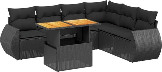 vidaXL 7-teilige Garten-Sofagarnitur in L-Form aus Poly-Rattan und Akazienholz mit Kissen in Schwarz - Bild 1