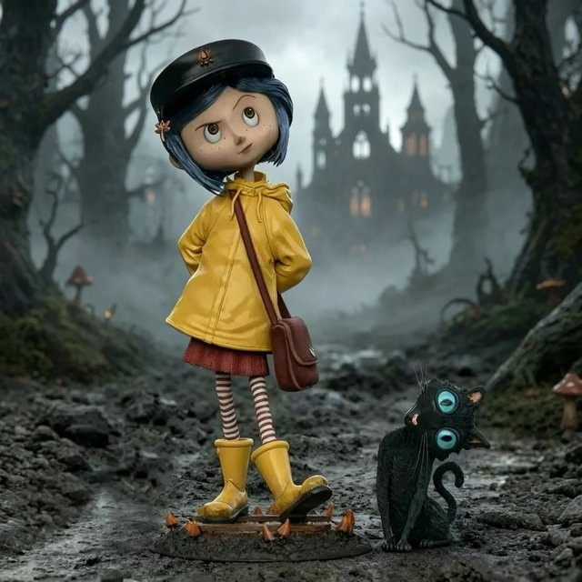 Bandai Coraline Jones Actionfigur, Gelber Regenmantel, Schwarze Katze, 20cm - Bild 1