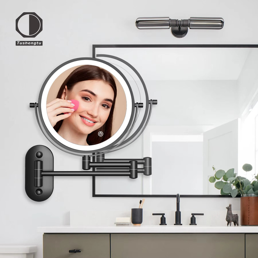 TUSETU Wandmontierter Schminkspiegel mit LED-Beleuchtung, 8 Zoll Rundspiegel mit 10-facher Vergrößerung für Badezimmer und Schminktisch, Silber/Schwarz - Bild 3