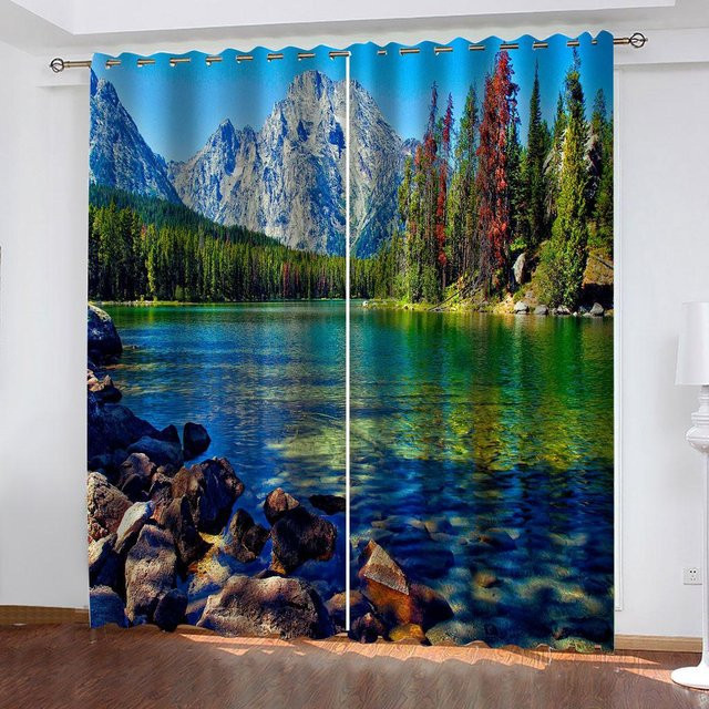 2er-Set 3D Vorhänge mit Ozeanstrand-Landschaftsmotiv, halbtransparent, Mehrfarbig, B: 50 cm, H: 130 cm - Bild 1