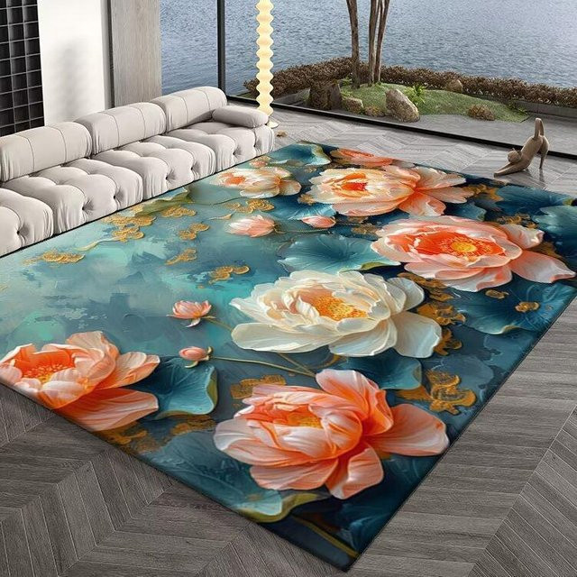 Luxuriöser Lodestar Teppich mit 3D Pfingstrose Blumenmuster in Blau Rosa Gold, B/H: 60 x 40 cm - Bild 1