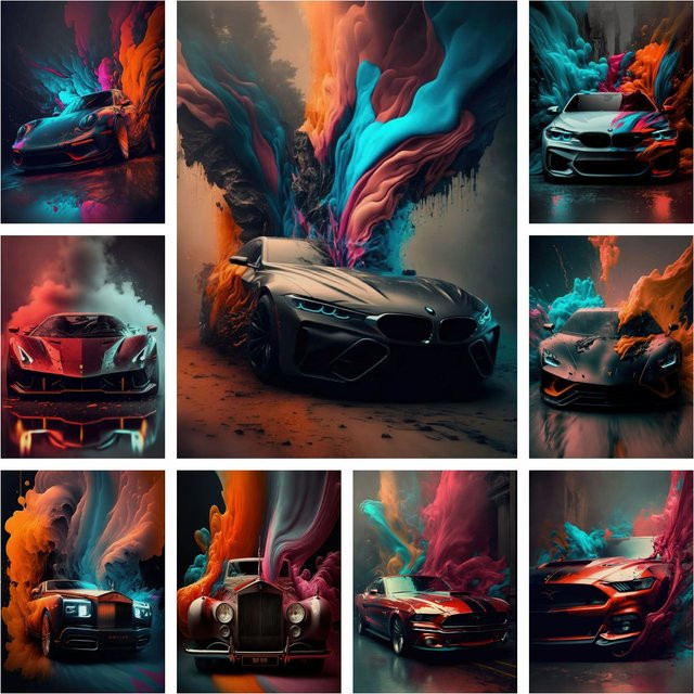 Modernes Diamant-Gemälde mit futuristischen Supercars in bunt, 5D-Vollbohrer Mosaik-Set für die Heimdekoration von Jungen, Rund, B/T/H: 20,0 x 30,0 x 20,0 cm - Bild 1
