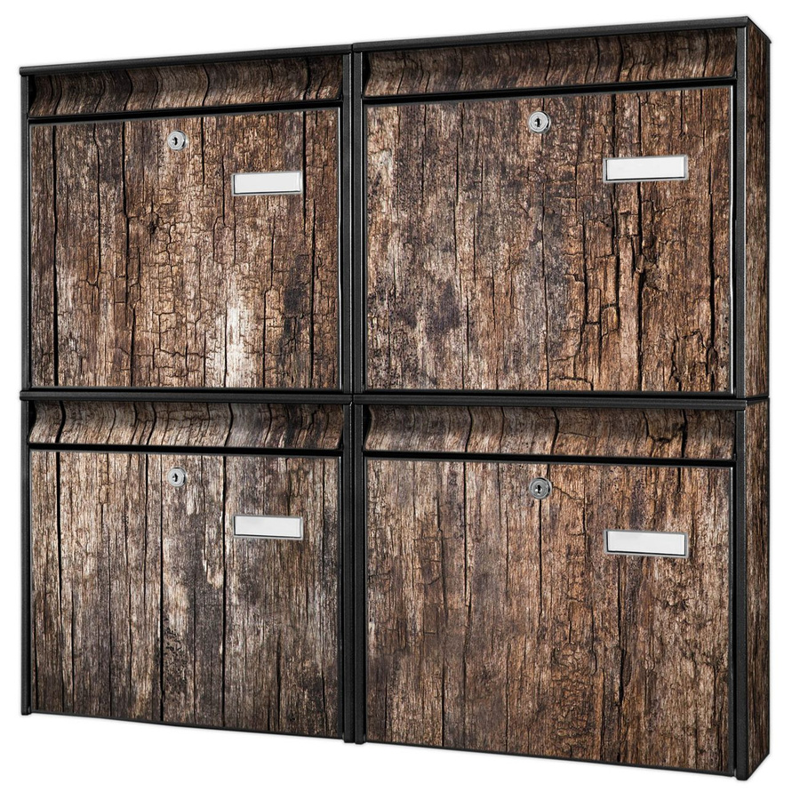 banjado Burg Wächter Briefkastenanlage für 4 Parteien in Schwarz und Braun mit Motiv Altes Holz, B/H/T: 64,5 x 72,5 x 10 cm - Bild 1