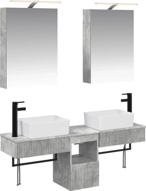 vidaXL Badezimmerschrank-Set 5-teilig in Betongrau mit LED-Beleuchtung und Spiegelschrank, B/T/H: 50 x 14,5 x 70 cm - Bild 1