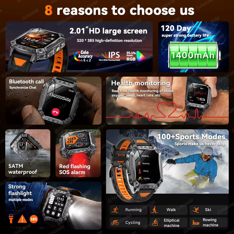 GUHUAVMI Outdoor Sport Smartwatch mit 1400 mAh Akku, 5ATM Wasserdichtigkeit, Bluetooth Anruffunktion, Taschenlampe und Gesundheitsmonitor in Grau und Orange - Bild 2