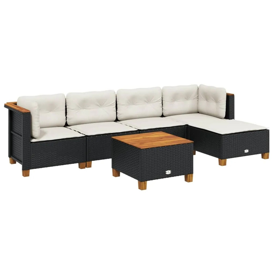 vidaXL 6-teilige Garten-Sofagarnitur aus Poly-Rattan und Akazienholz in Schwarz mit Kissen - Bild 2