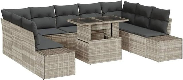 vidaXL Garten-Sofa-Set aus Poly-Rattan mit Kissen und Speicherfunktion, 10-teilig, Hellgrau - Bild 1