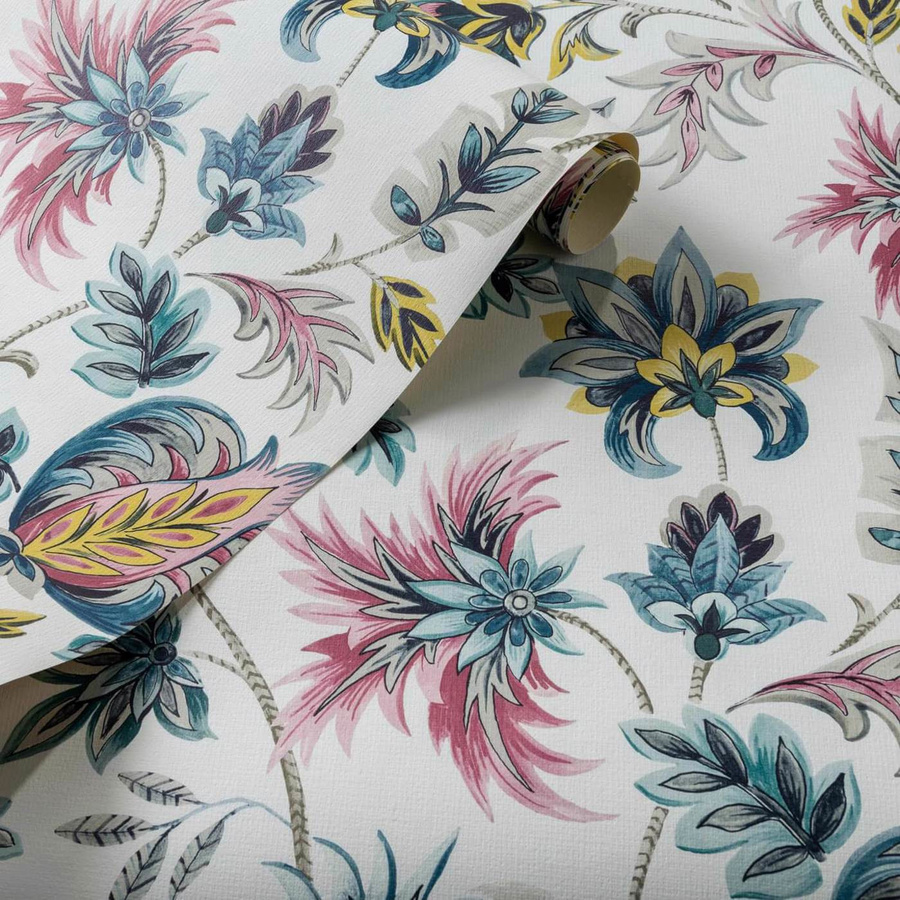 Clarke & Clarke Tapete Sizergh Floral Botanical in Petrol und Pink als Vlies-Rolle - Bild 1