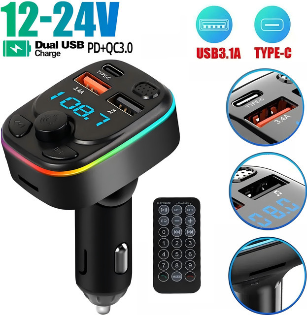 Kankeirr Bluetooth 5.0 FM Transmitter für das Auto mit PD Typ-C und Dual USB Ladegerät, Freisprecheinrichtung und MP3 Player, Schwarz - Bild 1