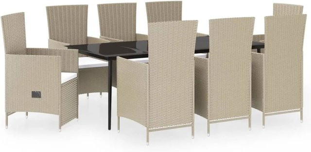 vidaXL 9-teilige Garten-Essgruppe aus PE-Rattan und pulverbeschichtetem Stahl mit Glasplatte und Auflagen in Beige und Schwarz - Bild 1