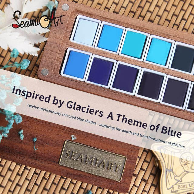 SeamiArt Professionelles Aquarellfarben-Set mit 12 Gletscherblau-Tönen und Walnuss-Holzpalette - Bild 1